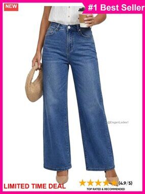 High Waisted Wide Leg Baggy Jeans Stretchy Denim Trousers with Pockets